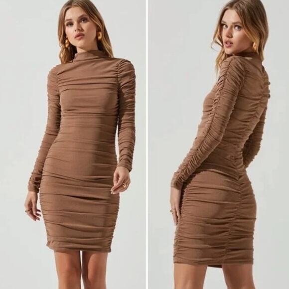 ASTR The Label Tan Brown Ruched Long Sleeve Bodycon Dress Women's Medium - Picture 1 of 8